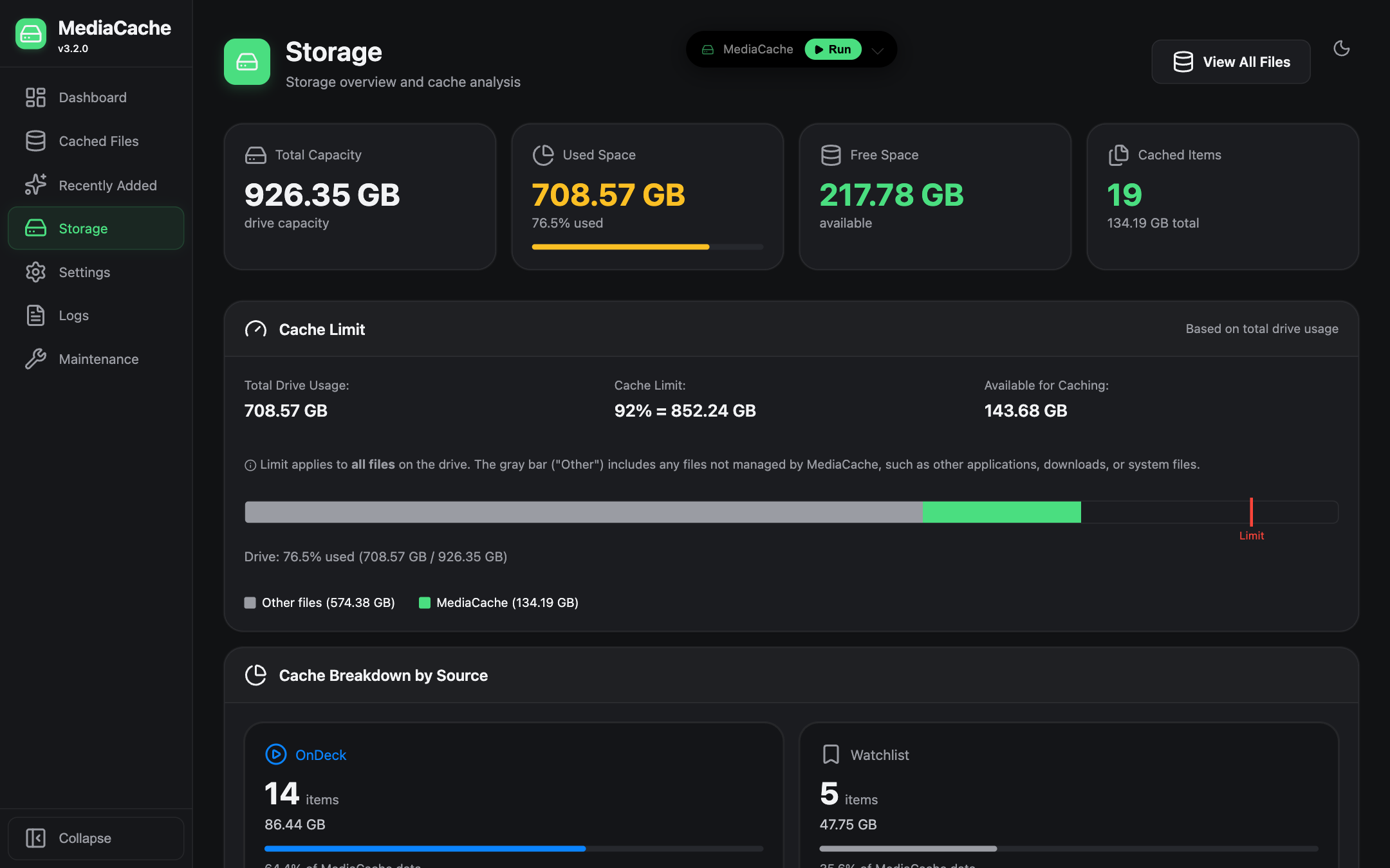 Storage page with drive usage, cache limit and breakdown by source