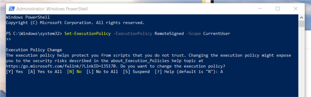 Set-ExecutionPolicy RemoteSigned, chọn A để Yes to All