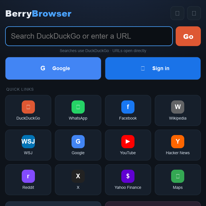 BerryBrowser V3 Build 5 - Trang chủ và thanh URL