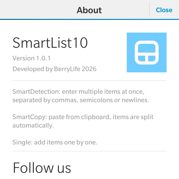 SmartList10 v1.0.1 - About Screen
