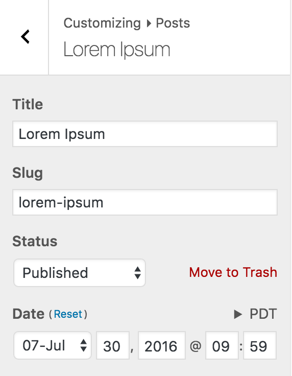 [0.7.0] Post status control is now accompanied by a post date control. A Move to Trash link also appears with the status control.