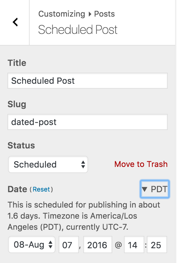 [0.7.0] Selecting a future date switches status form published to scheduled, and a countdown for when the post will be scheduled is available along with the timezone information.