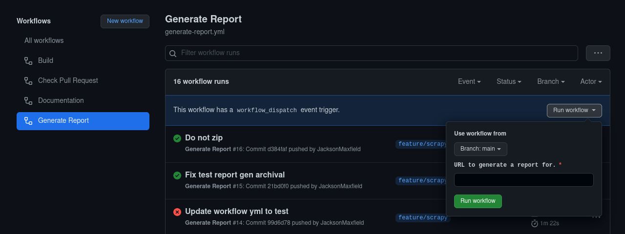 Screenshot of using workflow dispatch with URL parameter