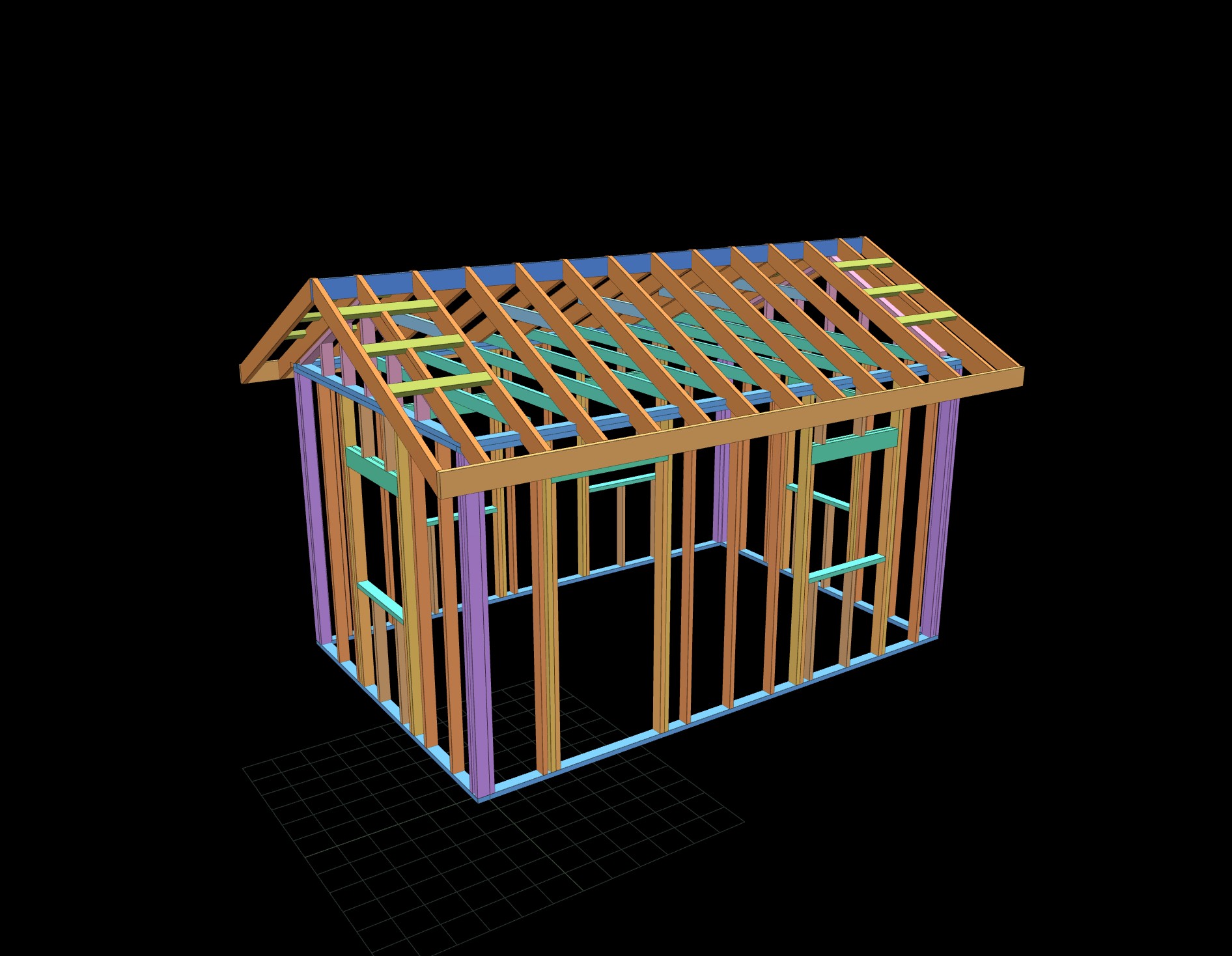 Timber·Framer — a gable shed frame with walls, openings, rafters, ridge and ceiling joists