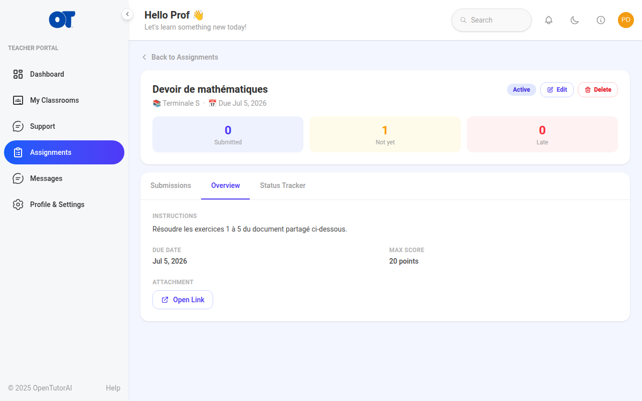 Teacher assignment detail with Open Link button
