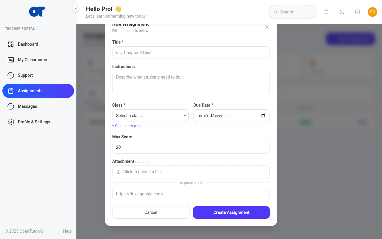 Teacher create assignment modal with URL field