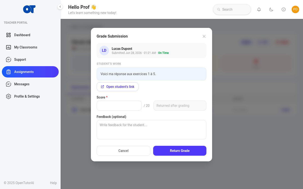 Teacher grade modal with student link