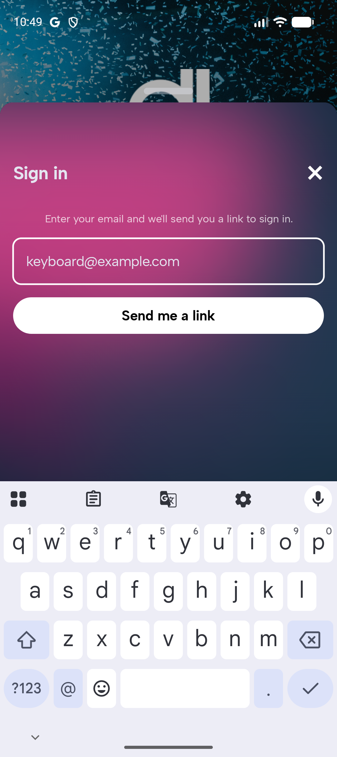 After: with this patch — the same sheet shifted clear of the keyboard, with the email field and the send button fully visible