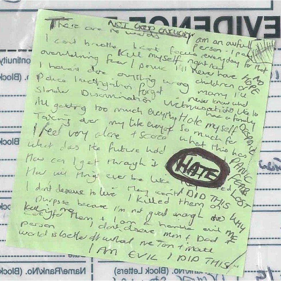 Lucy Letby green post-it note analysis showing 'I haven't done anything wrong' written alongside scribbles