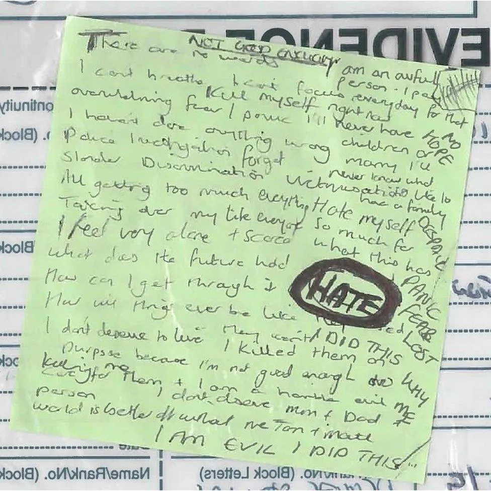Lucy Letby green post-it note analysis showing 'I haven't done anything wrong' written alongside scribbles