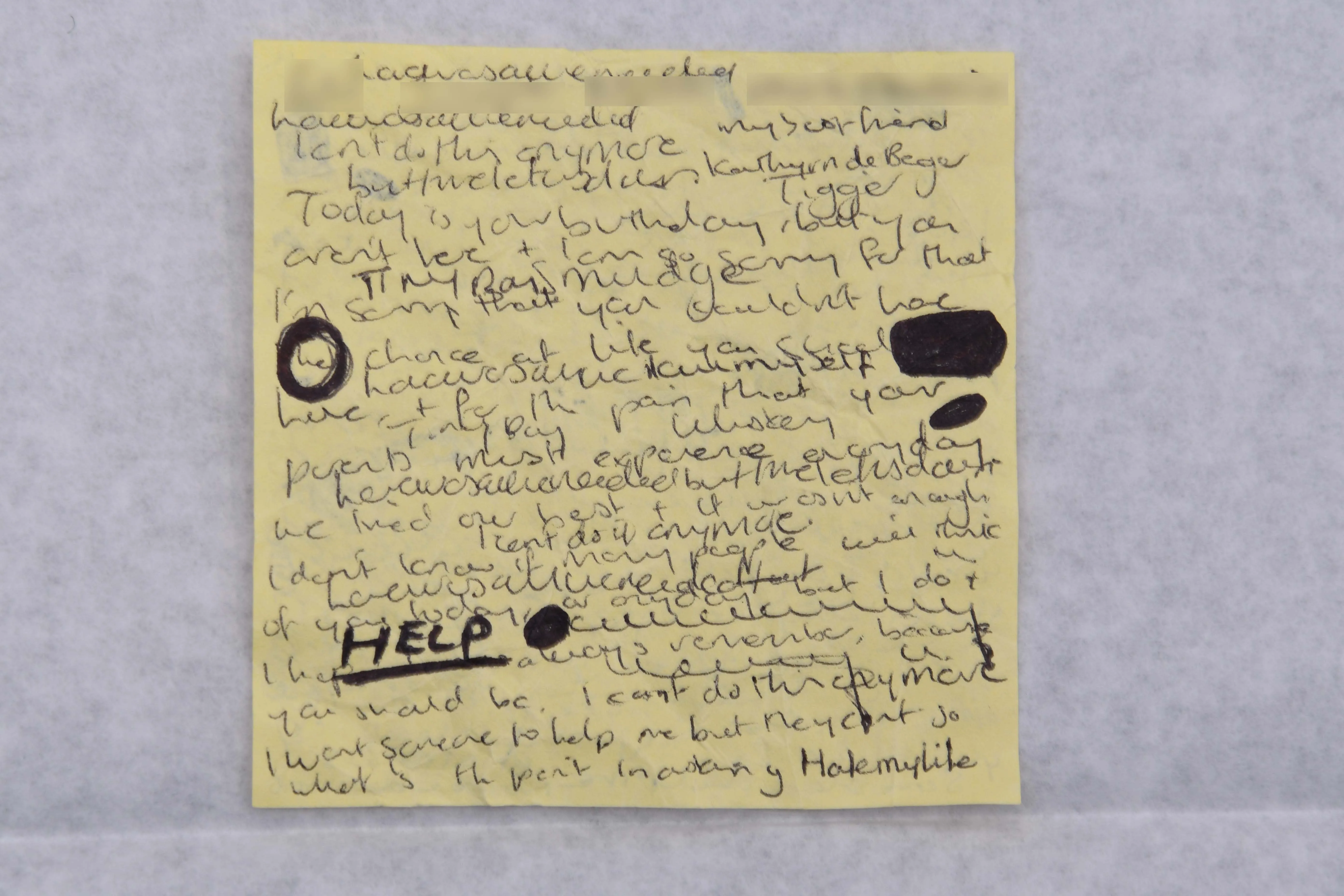 Lucy Letby yellow post-it note with HELP written in bold and underlined