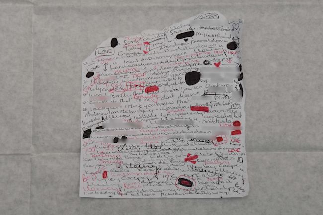 Chaotic handwritten note by Lucy Letby with red ink, names of pets Tigger and Smudge, and repeated words