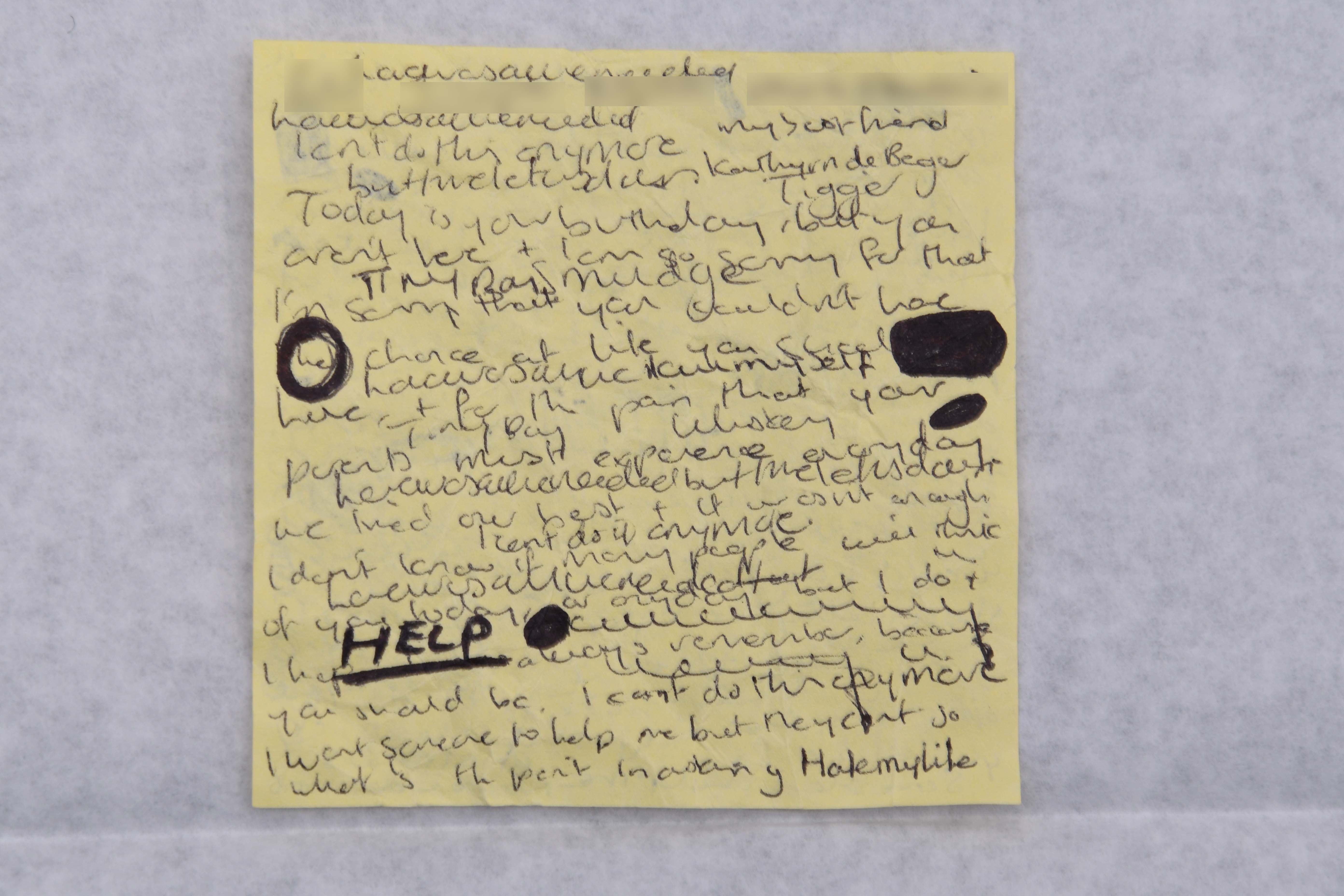 Lucy Letby yellow post-it note with HELP written in bold and underlined