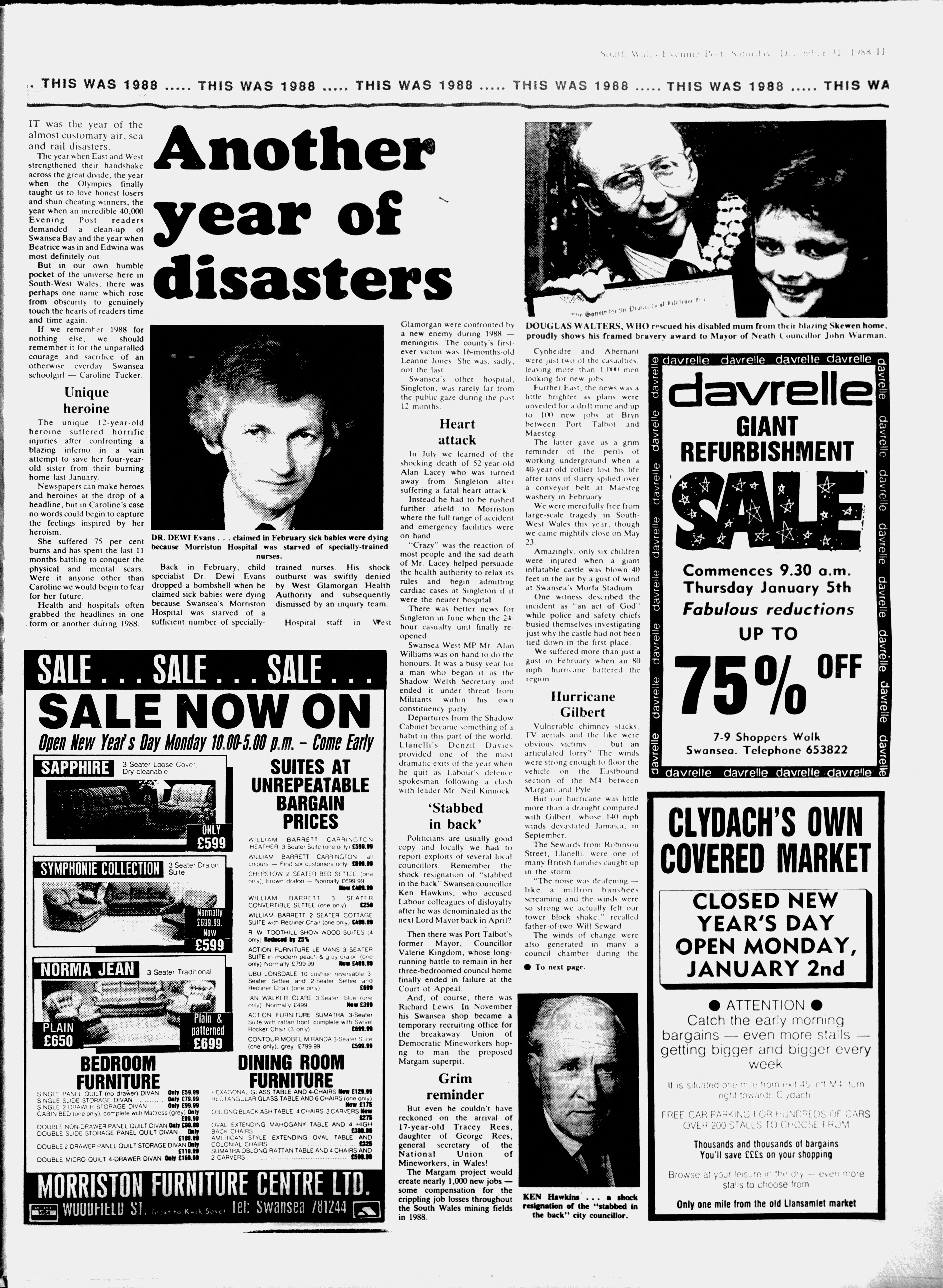 1988 Sunday Tribune newspaper clipping showing Dr Dewi Evans' dismissed claims regarding Morriston Hospital, highlighting investigative bias in the Lucy Letby trial
