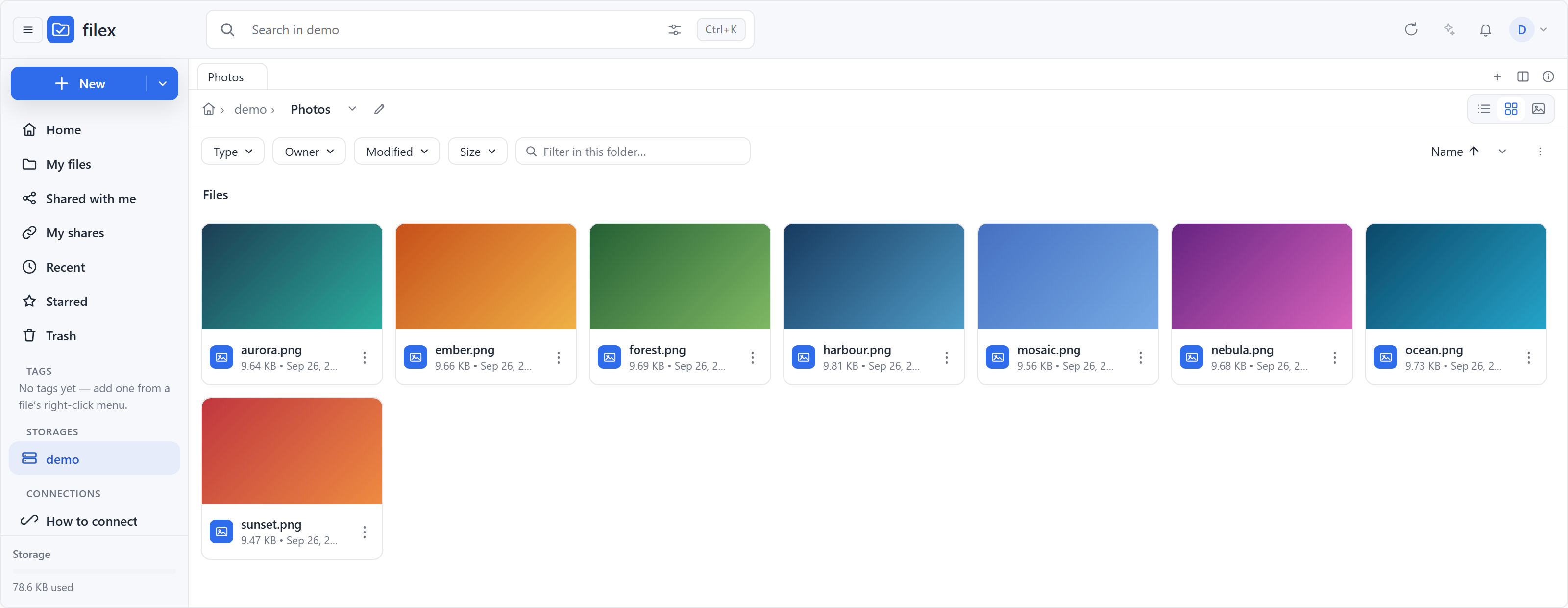 The filex file explorer showing a thumbnail grid