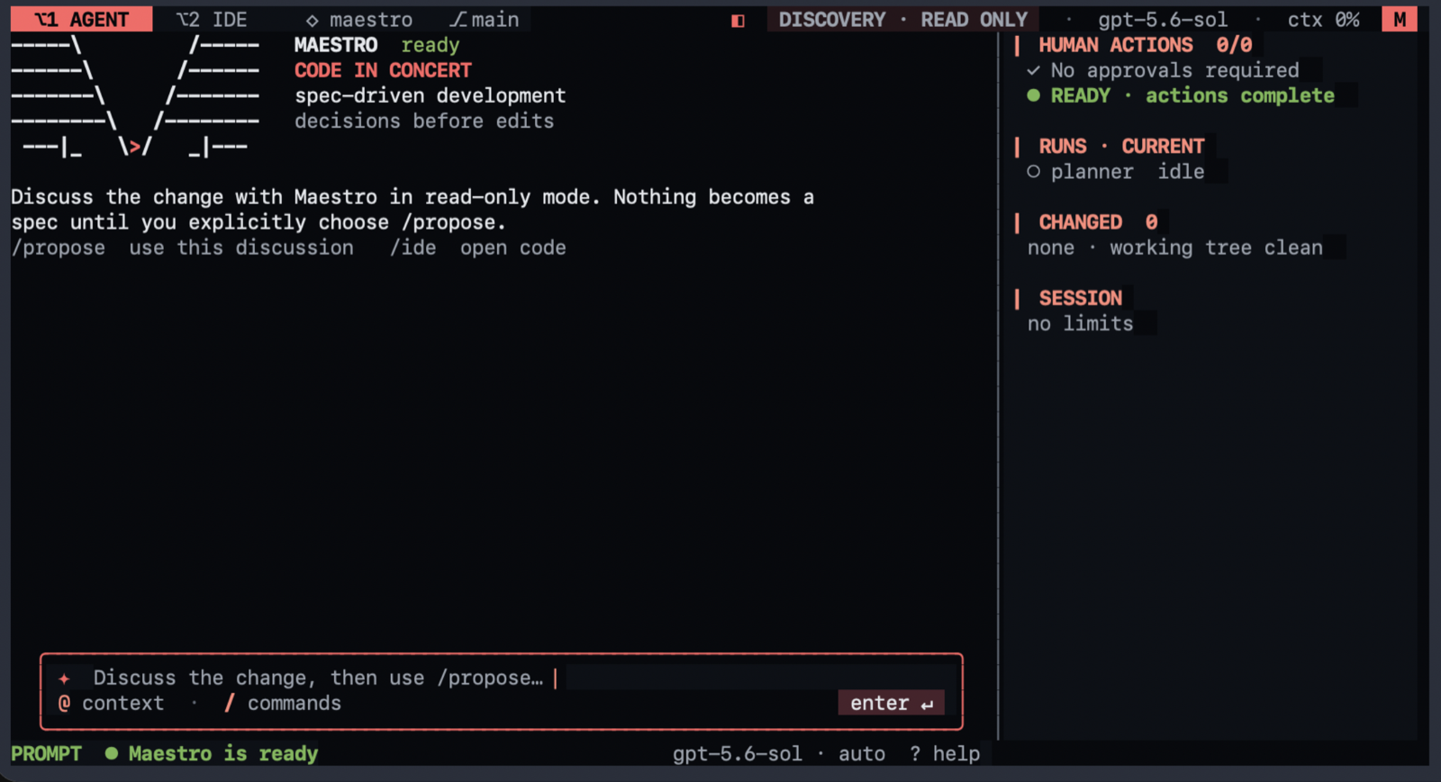 Maestro's terminal interface, ready to turn an idea into a reviewed change