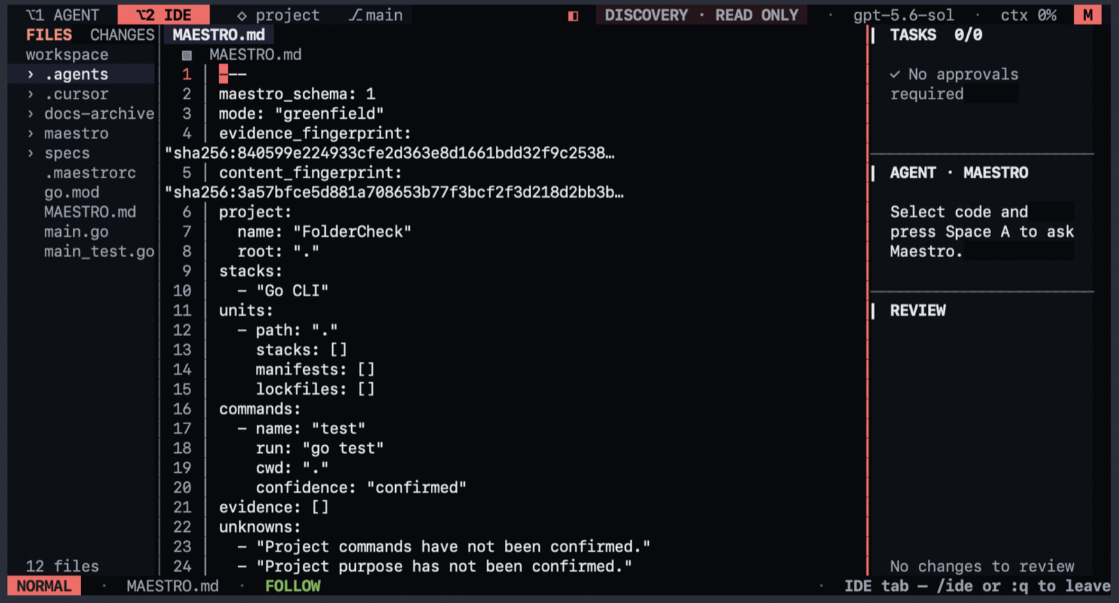 Maestro's integrated code workspace with project context and lifecycle status