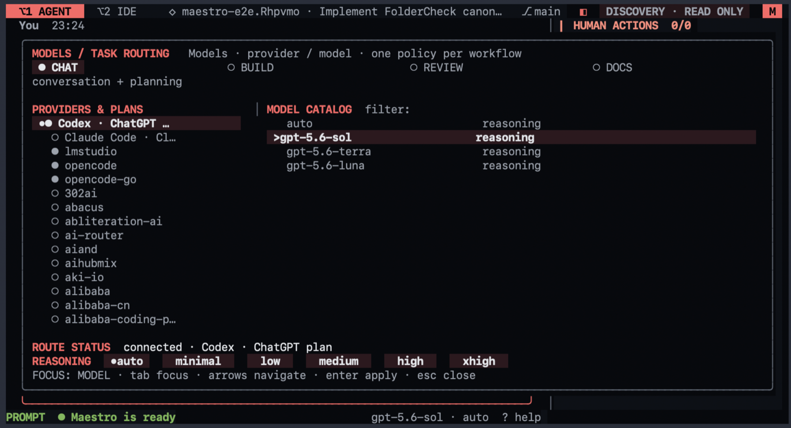 Independent model and reasoning settings for Chat, Build, Review, and Docs