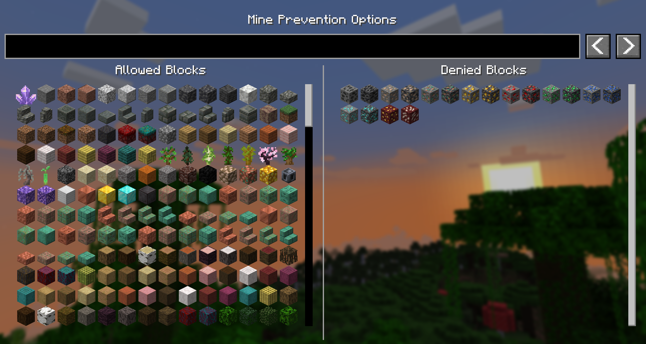 The options screen with all ores denied.