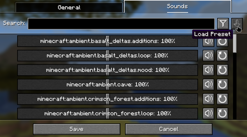 The region sounds screen, hovering over the 'Load Preset' button.