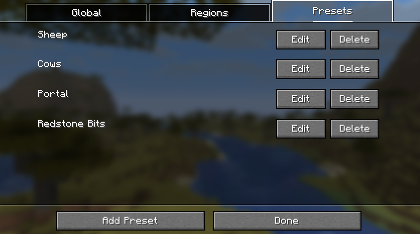 The presets tab, showing a list of presets the user has created.
