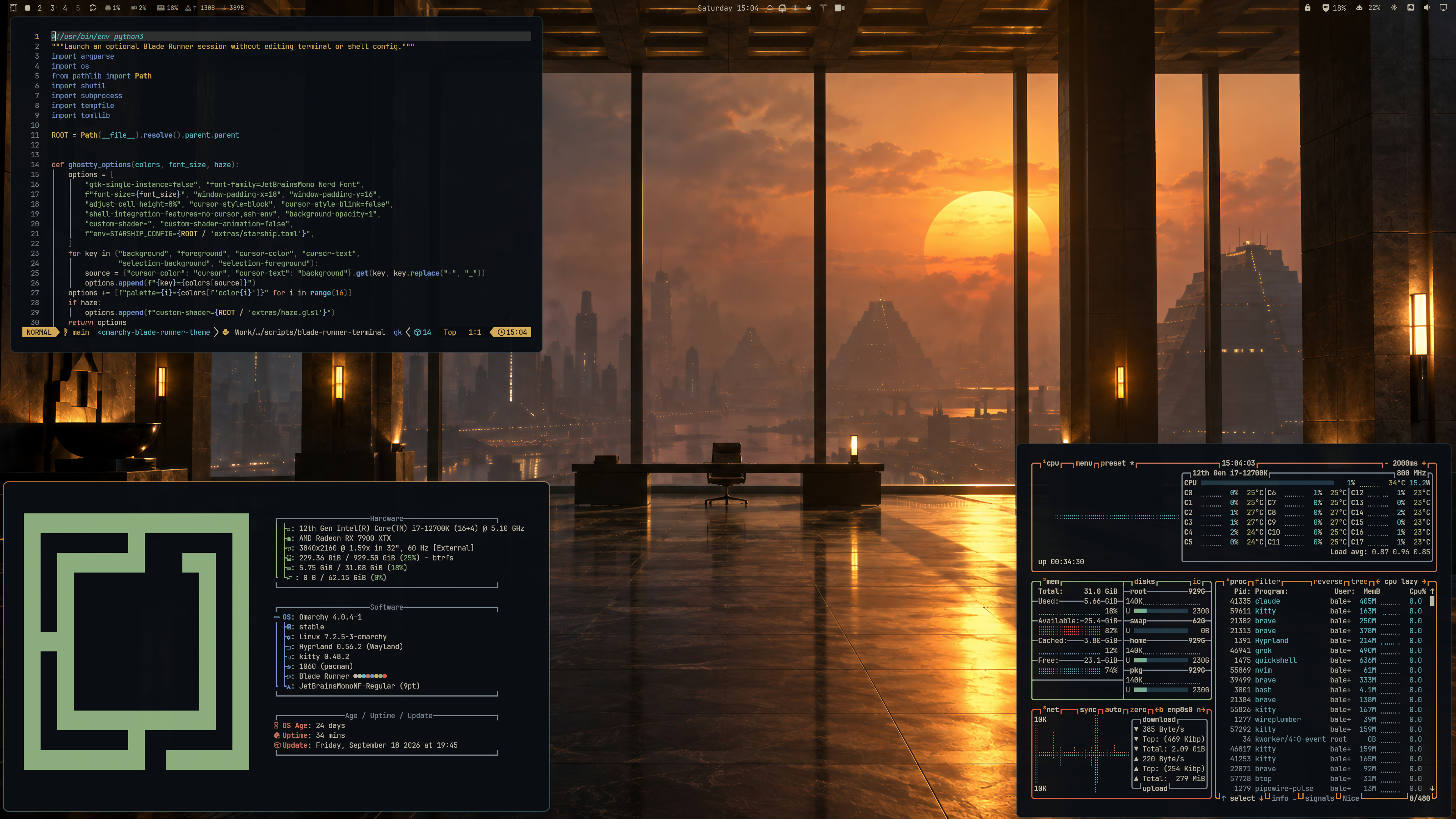 Live desktop — Dusk wallpaper with Neovim, fastfetch, and btop