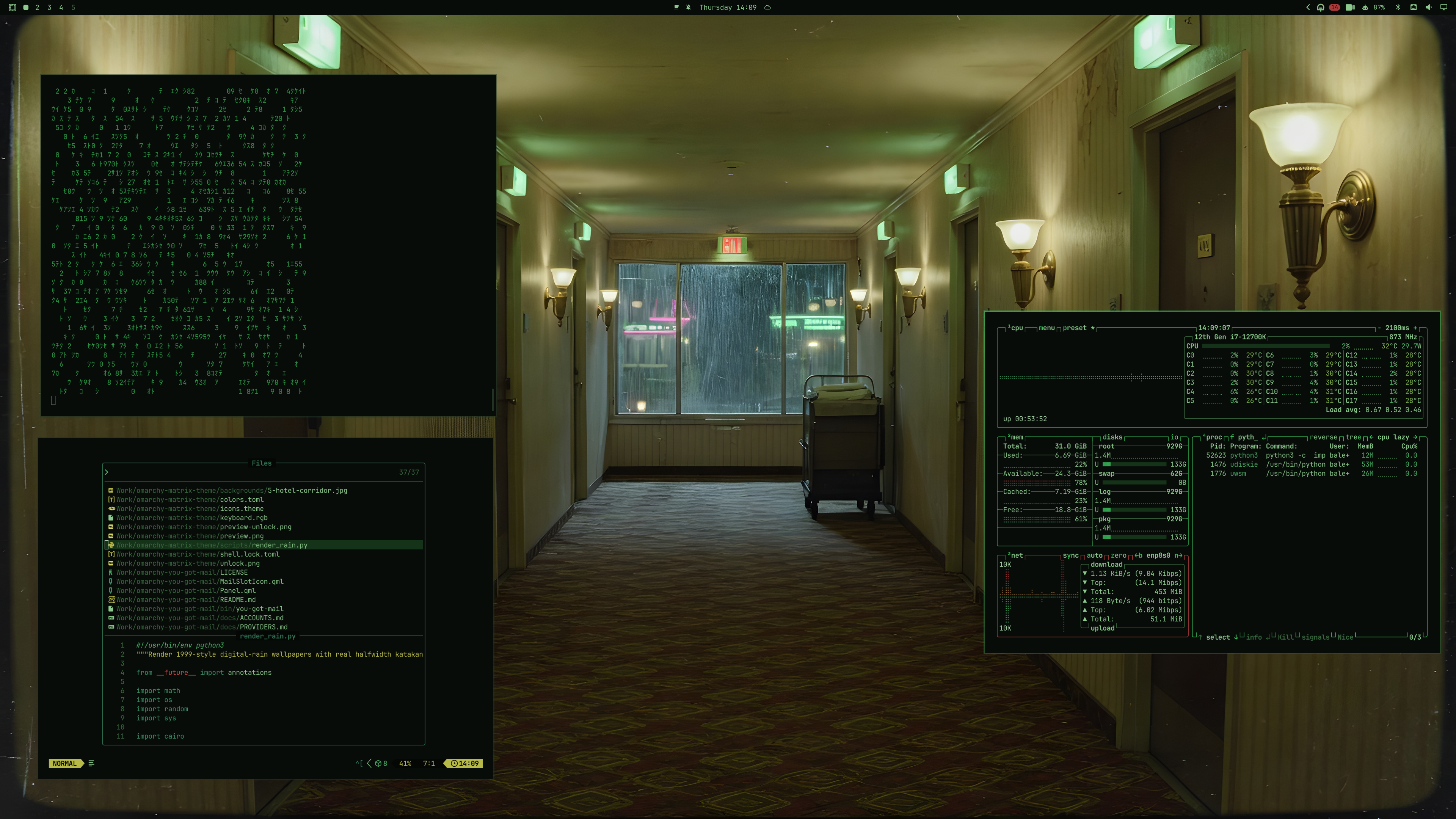 Desktop preview — hotel corridor wallpaper, phosphor terminals, Omarchy shell