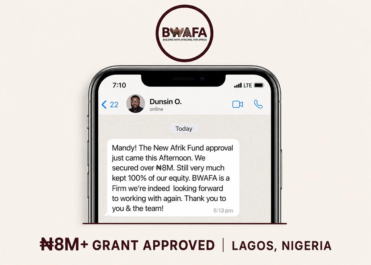 WhatsApp message from Dunsin O. confirming over 8 Million Naira grant approval from New Afrik Fund.