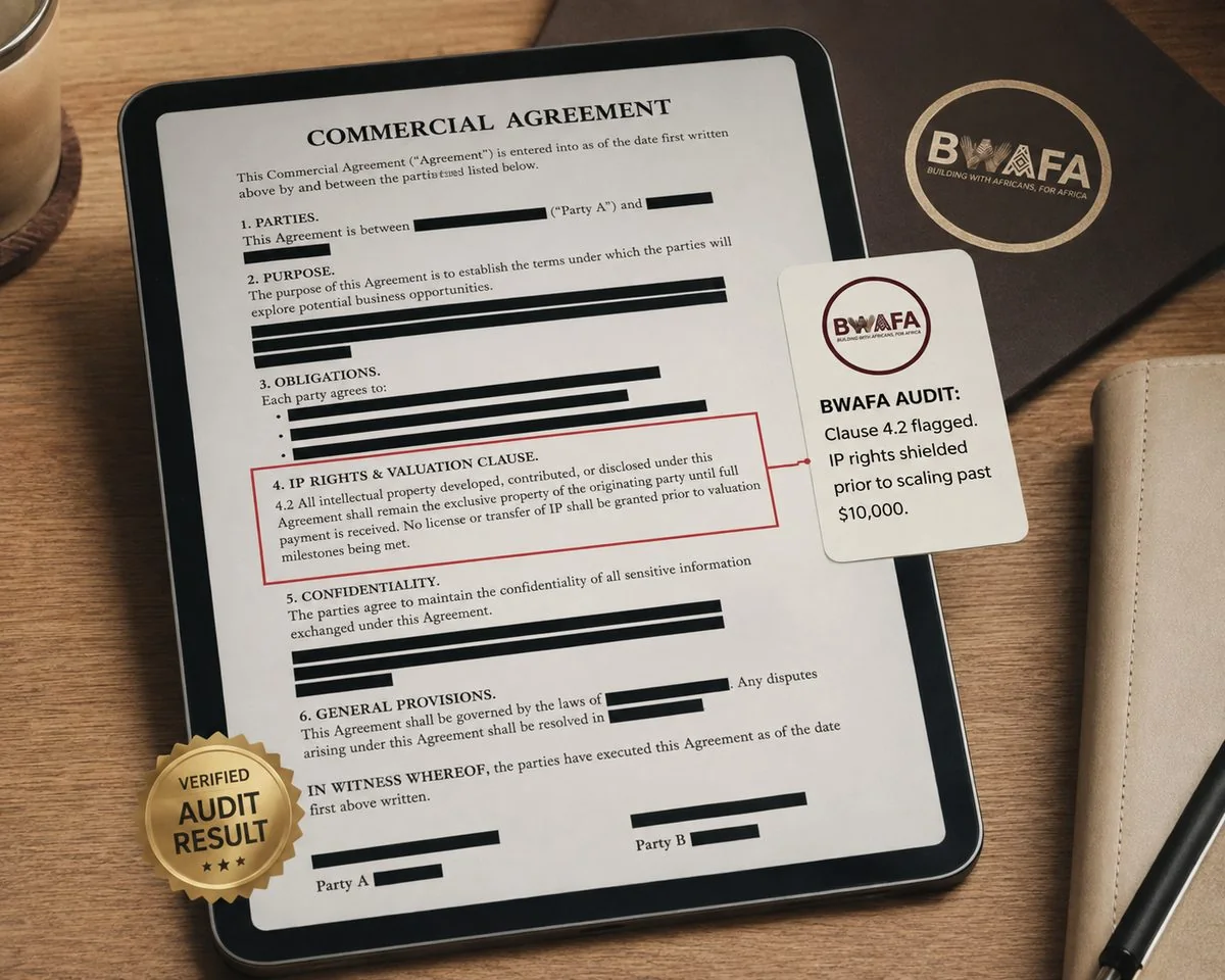 Commercial agreement on an iPad with BWAFA audit note: Clause 4.2 flagged, IP rights shielded prior to scaling past $10,000.