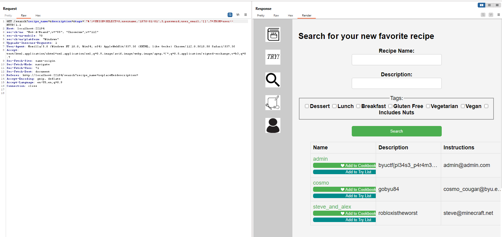 THE CREDENTIALS ARE DISPLAYED AS DATA WHERE RECIPE STUFF SHOULD BE