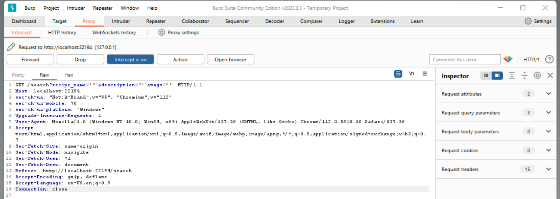Here is our replacement request to the server. We only changed the values of the fields to be '"`