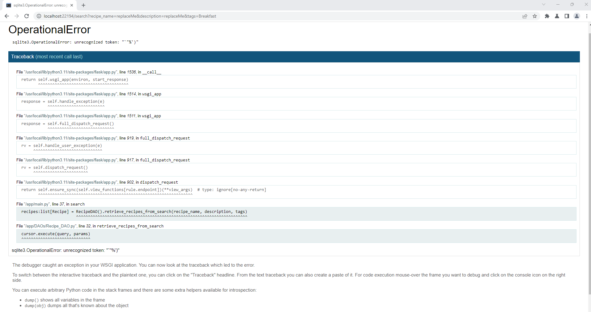 Wow it actually worked! An error message from a Flask server