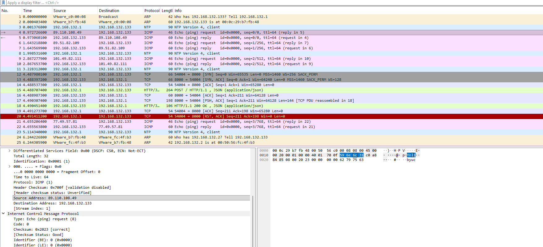 screenshot of the source IP for the first ping packet