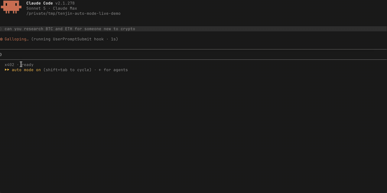 Tenjin in Claude Code: research, live crypto prices, company lookup, email verification, and computation