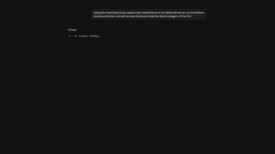 VitaminMCP demo — an AI agent driving a real Minecraft server