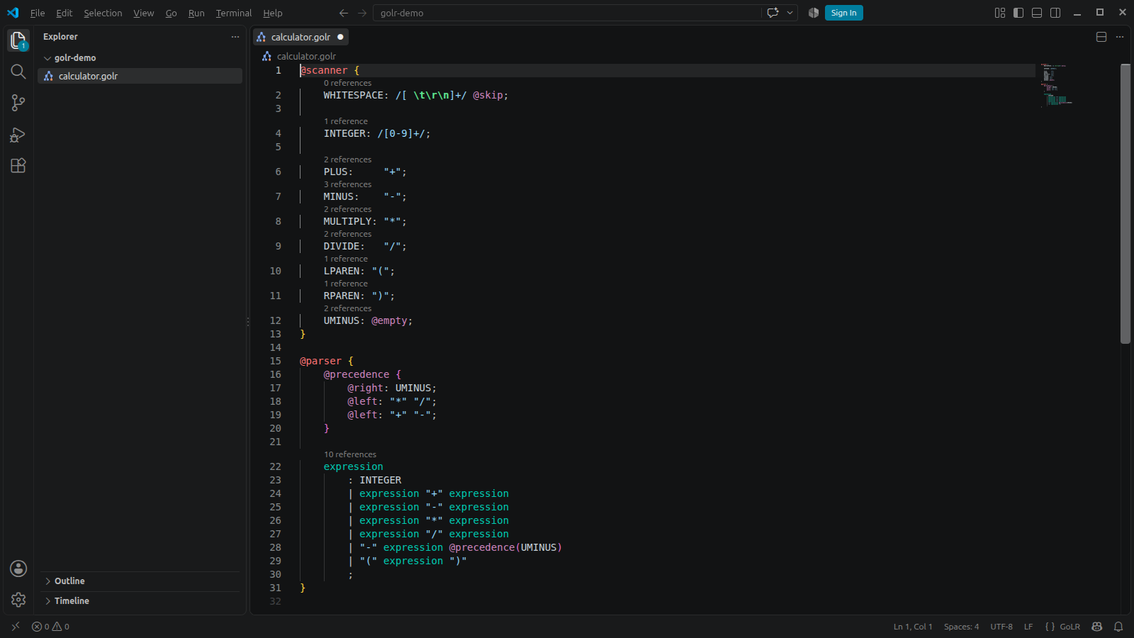 Syntax highlighting of a GoLR grammar