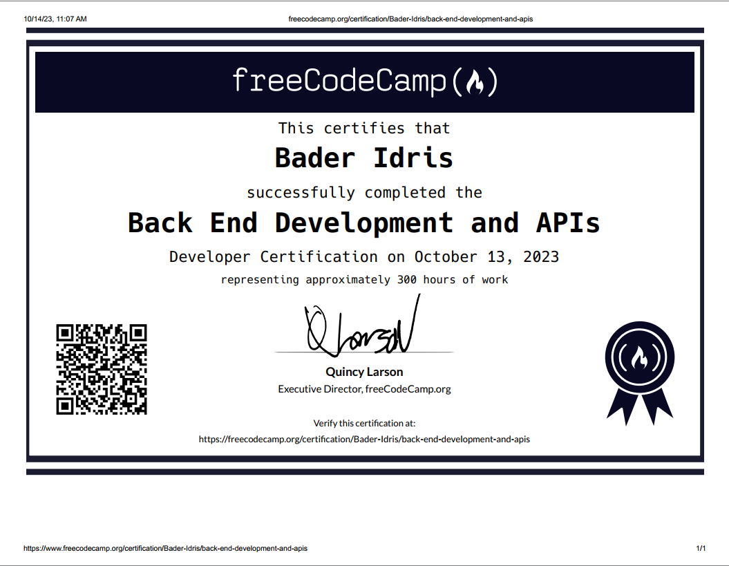 freeCodeCamp Back End Development and APIs Certification