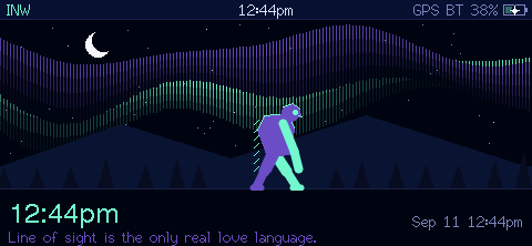 The Aurora lock screen: northern lights over a ridge, clock, and a rotating one-liner