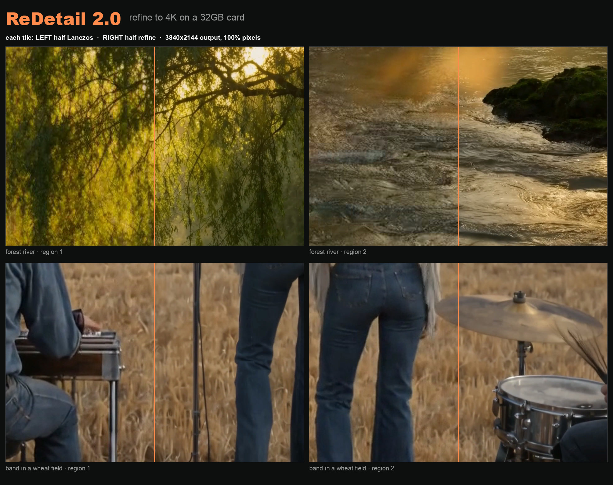 Four 100% crops from 4K output, each split Lanczos left and refine right