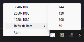 A screenshot of the resolution changer UI. Shows possible resolutions and refresh rates.