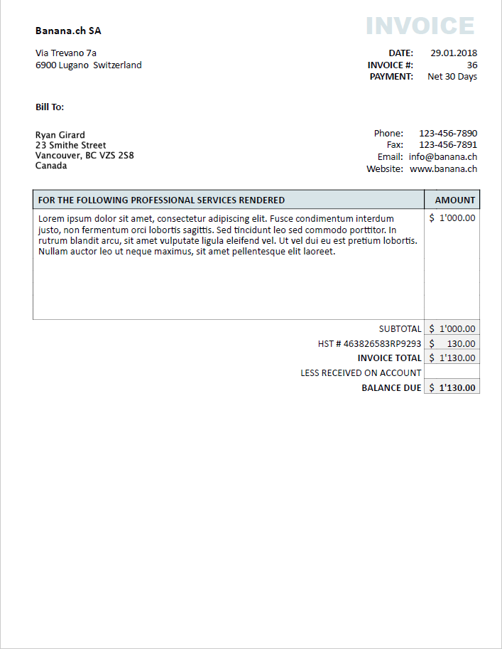 Canada Invoice layout 01 for professional services Banana Accounting