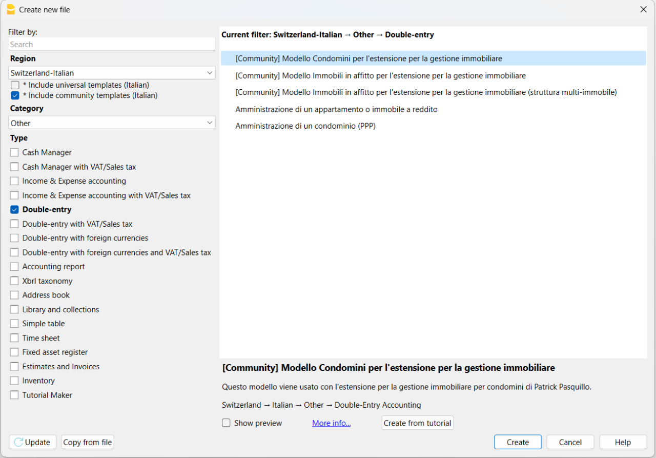 Modèles de comptabilité de la Communauté dans l'interface du programme Banana Comptabilité Plus