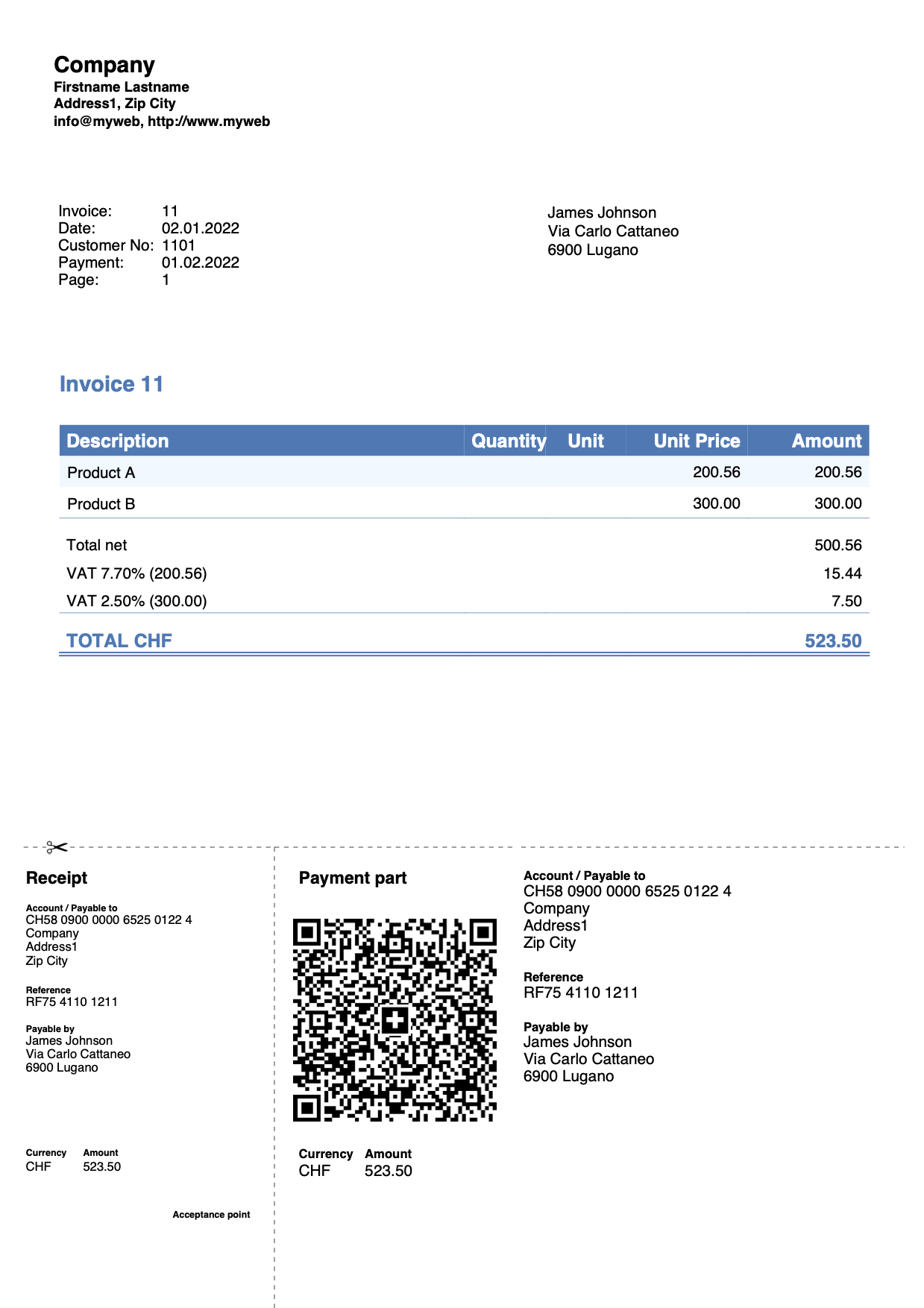 Example of invoice with company address on the top-left without logo