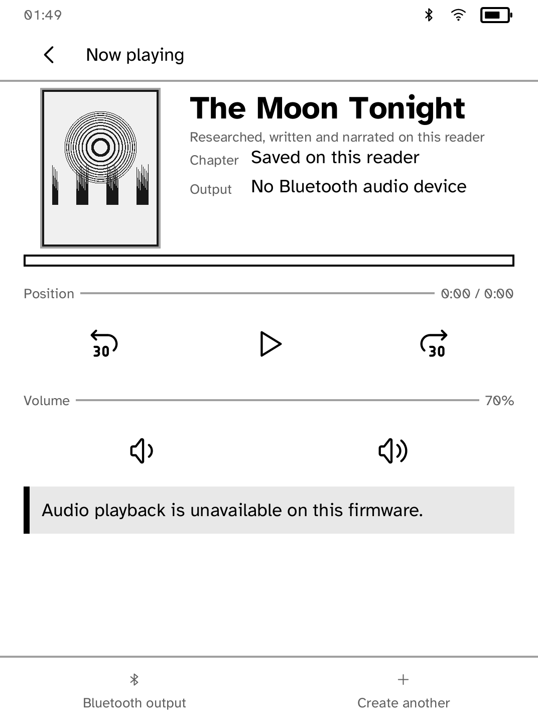 An audiobook player with cover art and playback controls on a Kobo