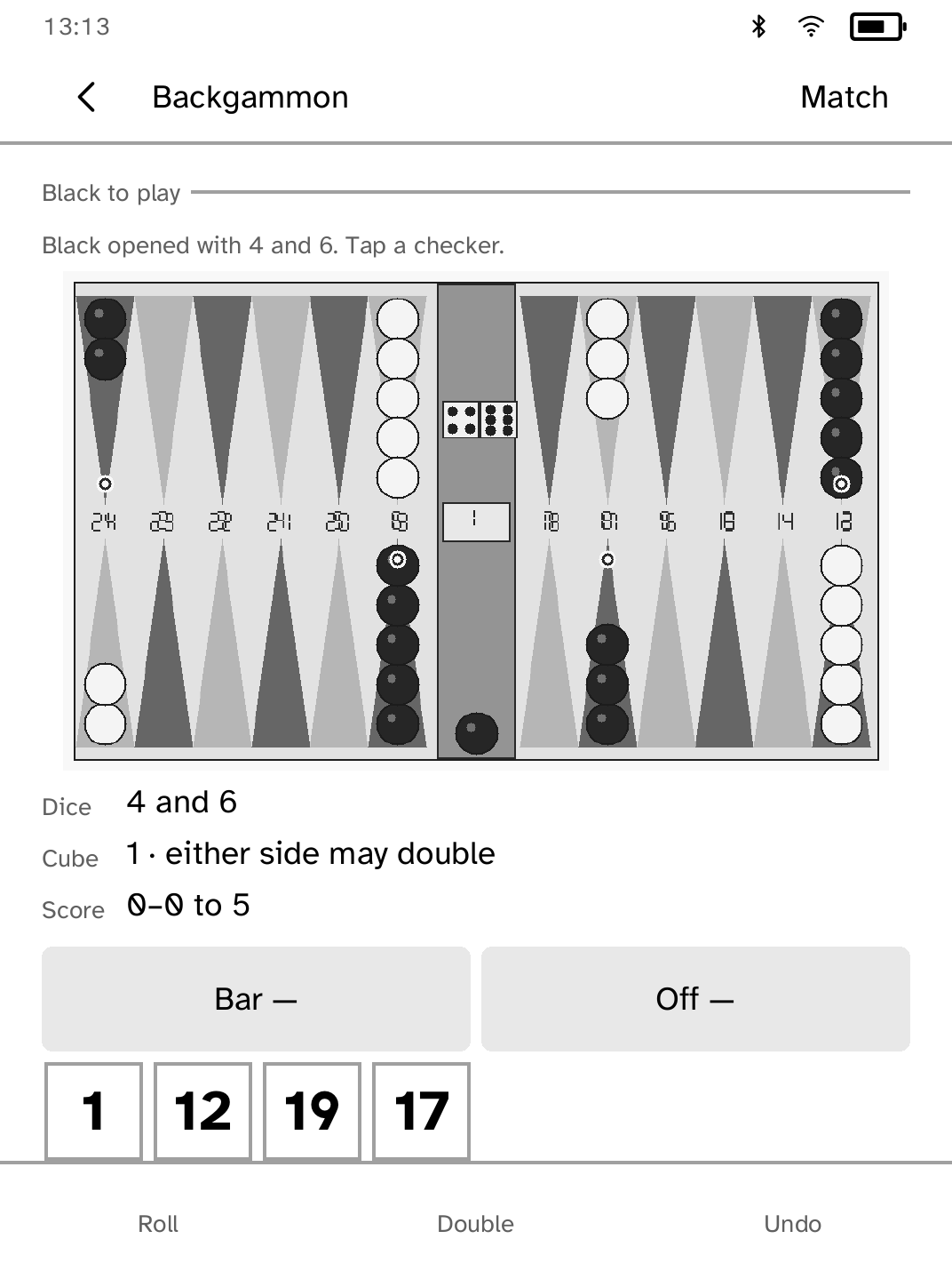 Backgammon board on a Kobo after Black opened with 4 and 6, with dice, cube and match score.