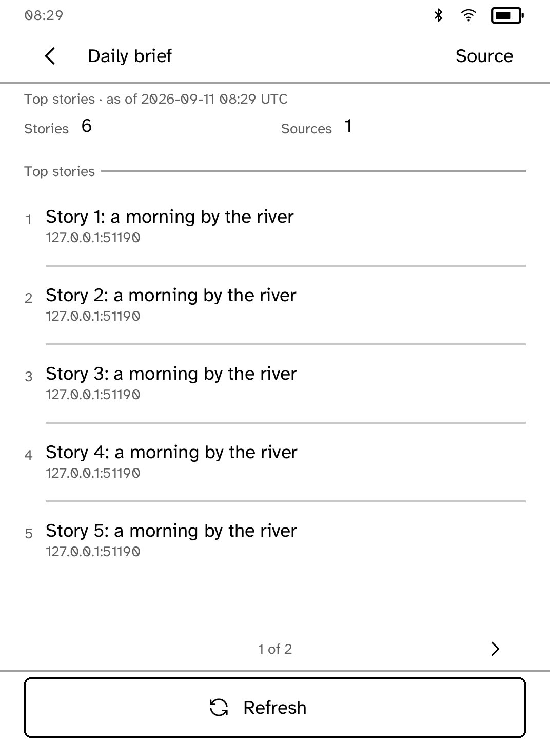A numbered daily news brief on a Kobo