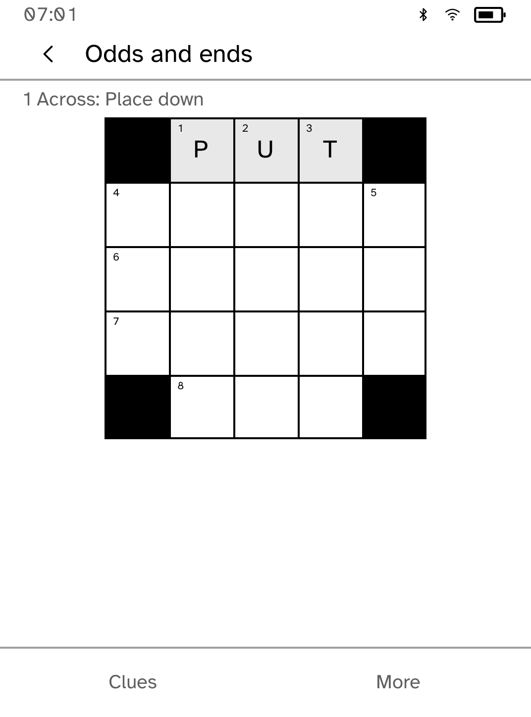 Crossword grid on a Kobo with the first answer filled in and numbered cells.