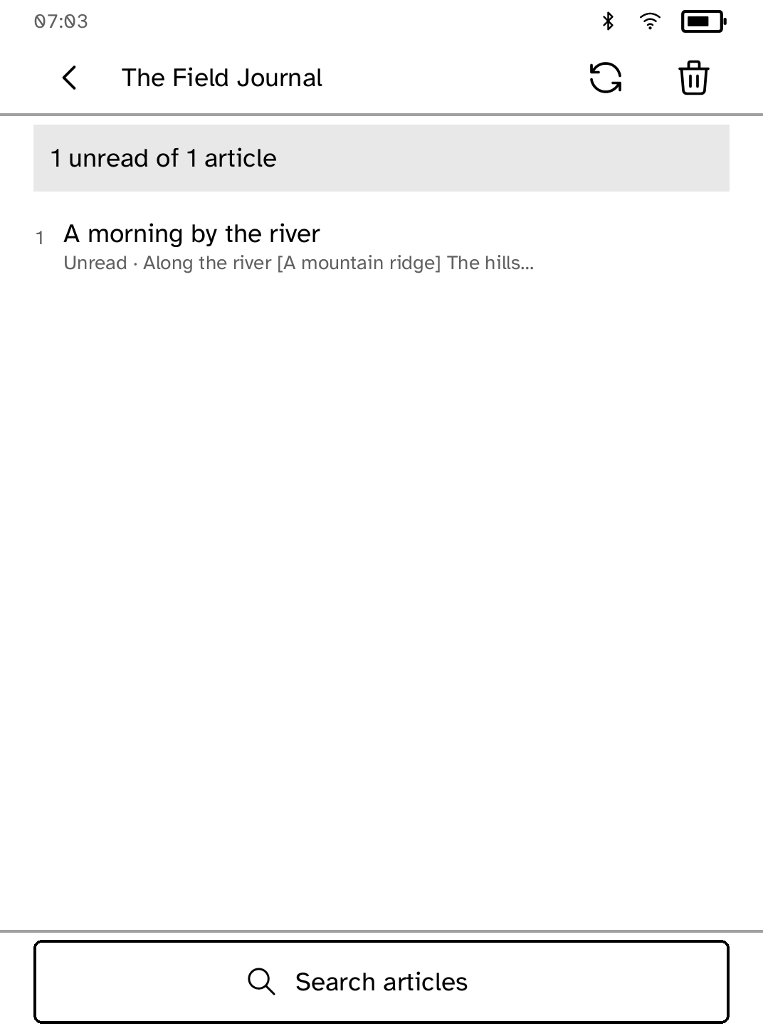 Subscribed feeds and articles in the Feeds app on a Kobo