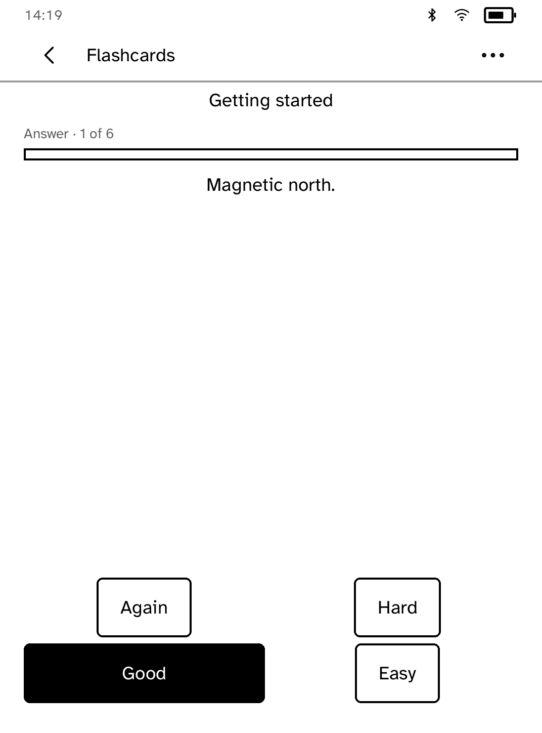 A Flashcards review showing the revealed answer with Again, Hard, Good and Easy rating buttons.
