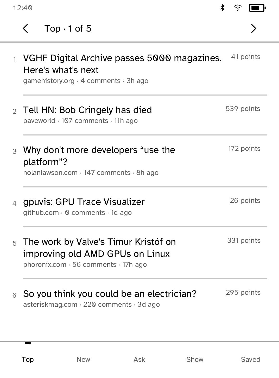 A ranked list of Hacker News stories on a Kobo